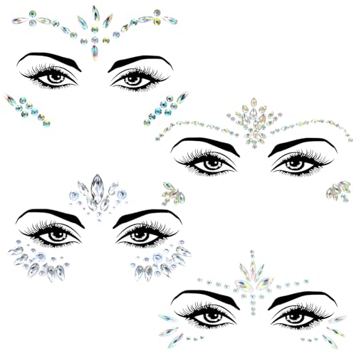 Yuanchu 4 Stück Glitzersteine Gesicht Festival,4 Stile Edelsteine Temporäre Tattoos Gesicht Strasssteine Juwelen Kristalle Glitzer Aufkleber für Musikkarneval Party Make-up Festival von Yuanchu