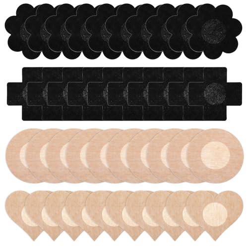 Yuanchu 40 Stück Einweg Brustabdeckungen Nippelabdeckungen, Nippelpads Schwarz Nipple Cover 4 Stile Einweg Brust Aufkleber Unsichtbar Selbstklebend Nippelaufkleber für Frauen Mädchen Valentinstag von Yuanchu
