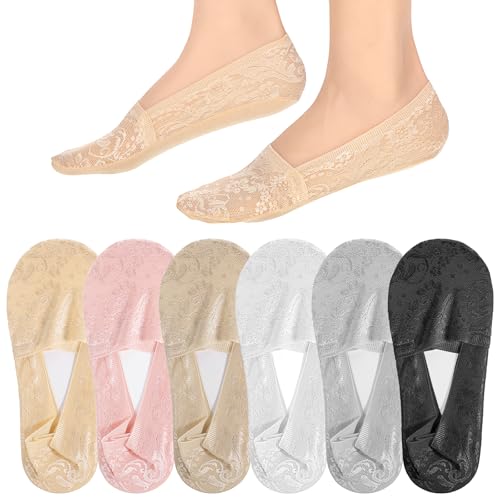 Yuanchu 6 Paar Damen Füßlinge aus Spitze, Atmungsaktiv Ballerina Socken 35-40 Unsichtbare Füßlinge aus Spitze Damen Ballerina Füßlinge mit Rutschfest Silikon für Halbschuhe Sneakers Stöckelschuhe von Yuanchu