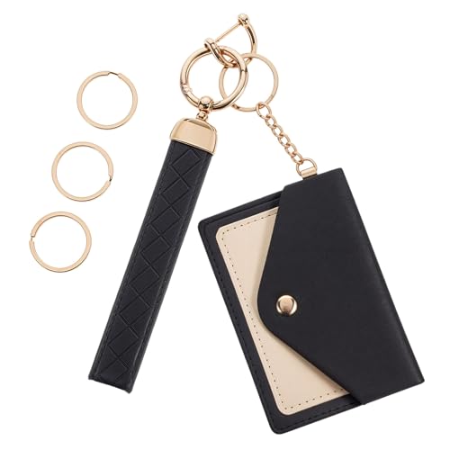 Yuanchu Damen Leder-Schlüsselanhänger,Mini Geldbörse Schlüsselanhänger mit Kartenhalter Mikrofaser Leder Auto Schlüsselanhänger mit 360° Drehbarem D-Ring 3 Schlüsselringen und Mini-Geldbörse(Schwarz) von Yuanchu