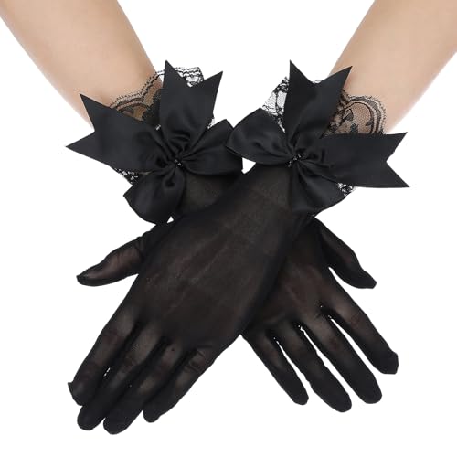 Yuanchu Damen Net Handschuhe mit Schleife,Abgeschnitten Spitzen Handschuhe Schwarz Handschuhe Elegante Braut Handschuhe Etikette Handaccessoires für Weihnachten Hochzeit Party Teeparty Abschlussball von Yuanchu