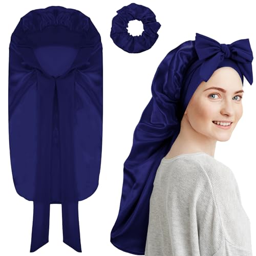Yuanchu Lange Satin Zopfhaube,Seidenhaube zum Schlafen für Damen Satin Haarhaube mit Haargummi Silk Bonnet Verstellbare Schlafmütze Schlafkappe für Lange Haar Lockiges Locs(Dunkelblau) von Yuanchu