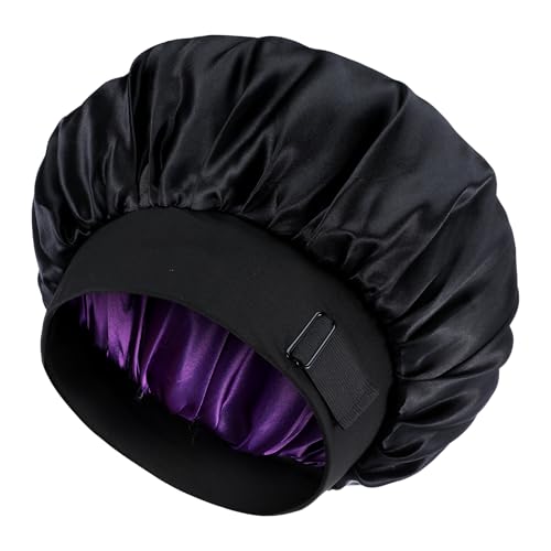Yuanchu Satin Bonnet Verstellbar Schlafmütze, Nacht Haarpflege Schutz Kopfhaube Damen Herrn Haar Haube Schlafen Seiden Schlafhaube Seidenhaube Lockiges Lange Haaren Glatt Atmungsaktiv(Schwarz+lila) von Yuanchu