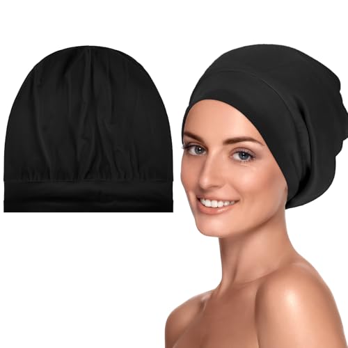 Yuanchu Schlafmütze,Kohlefaser Satin Bonnet Verstellbare Doppelte Schlafkappe Satin Gefüttertes Nacht Schlaf Mütze Weiche Bequeme für Damen Mädchen Tag und Nacht Erhältlich (Schwarz) von Yuanchu
