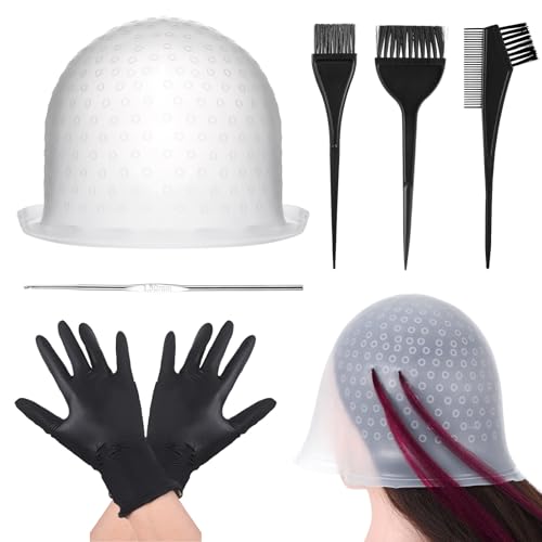 Yuanchu Strähnchenhaube Haarfärbeset, Silikon Strähnenhaube Mit Löcher Haarhaken Färbebürste Handschuhe Hervorhebung Haare Färben Zubehör Stränchen Haube für Frauen Mädchen von Yuanchu