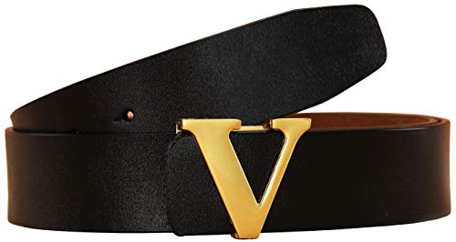 Klassischer Herren-Gürtel mit V-Schnalle, weiches Kalbsleder, Gold/Silber, Schwarz Gold, 110cm/43.3inch(37-39) von Yuangu
