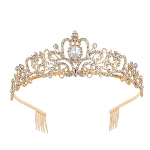 Yuannee Krone Damen Gold,Tiara Kristallkrone mit Strasskamm Diadem Hochzeit Braut Tiara Fasching Geburtstagsfeiern Haarreif Rund Goldene Krönchen Damen Haarschmuck Hochzeit Gold von Yuannee
