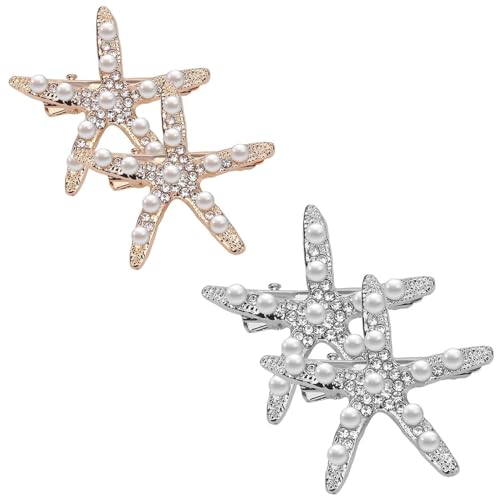 Yuannee Seestern Haarspangen Mädchen,4 PCS Metall Seestern Haarspangen Perlen Stern Haarspangen Strass-Haarnadel Seestern Brosche Gold Silber Seestern Haarschmuck für Frauen und Mädchen von Yuannee