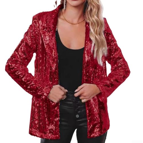 Damen Shinny Pailletten Blazer Mode Casual Party Revers Jacke Schimmer Glitzer Oberbekleidung Mantel Rave Oberbekleidung Blazer (XXL Weinrot) von Yuanpgky