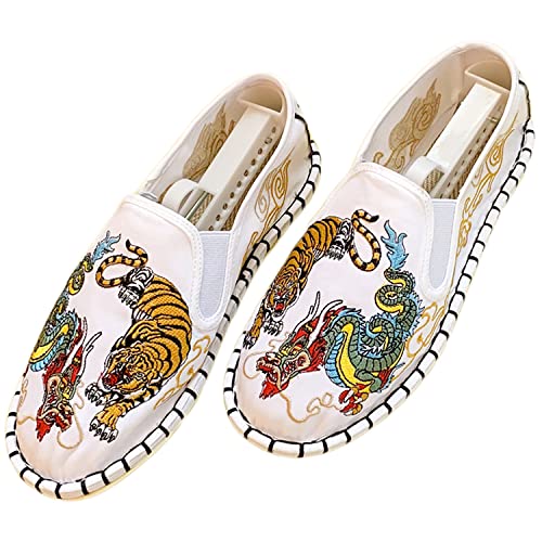 Yuansome Tai Chi Schuhe Bestickte Schuhe Alte Peking Schuhe Kung Fu Gummisohle Martial Art Schuhe Kampfkunst Sportschuhe Unisex mit Handgelenkstütze (42,Weiß - Drachen Tiger) von YUANSOME