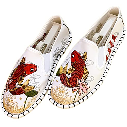 Yuansome Tai Chi Schuhe Bestickte Schuhe Alte Peking Schuhe Kung Fu Gummisohle Martial Art Schuhe Kampfkunst Sportschuhe Unisex mit Handgelenkstütze (44,Weiß - Roter Fisch) von Yuansome