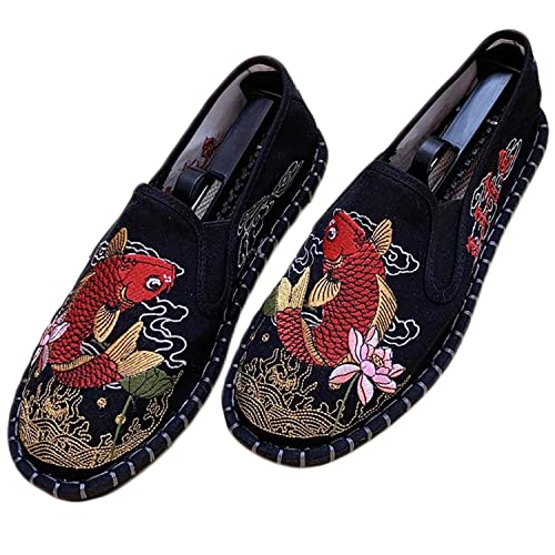 Yuansome Tai Chi Schuhe Bestickte Schuhe Alte Peking Schuhe Kung Fu Gummisohle Martial Art Schuhe Kampfkunst Sportschuhe Unisex mit Handgelenkstütze (45,Schwarz - Roter Fisch) von YUANSOME