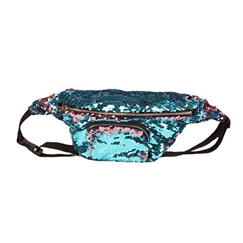 Yuanu Damen Meerjungfrau Bauchtasche Glitzer Reversible Pailletten Mode Makeup Kosmetiktasche Sport Casual Multifunction Umhängetasche Gürteltasche SeeBlauRosa One size von Yuanu