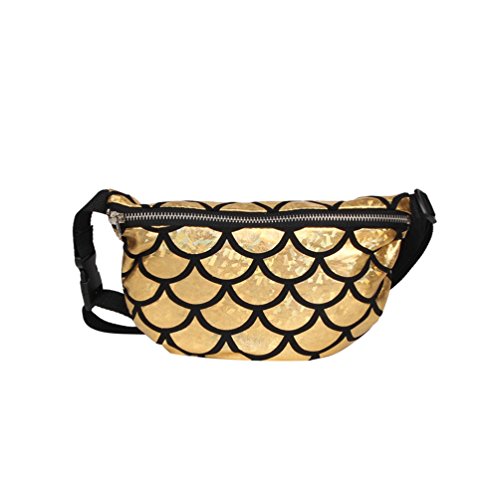 Yuanu Damen Pailletten Glitzer Gürteltasche Fischschuppen Meerjungfrau Bauchtasche mit Reissverschluss Kreditkarte Tasche Kosmetiktasche Geldbeutel Gold One size von Yuanu