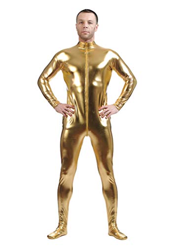 Yuanu Unisex Beschichtung Adhesive All Inclusive Ganzkörperanzug Onesies, Reißverschluss Vorne Haut Anzug Cosplay Anime Bühnen Performance Kostüm Zentai Gold 2XL von Yuanu