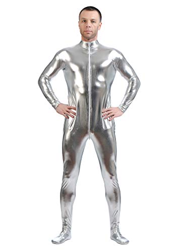 Yuanu Unisex Beschichtung Adhesive All Inclusive Ganzkörperanzug Onesies, Reißverschluss Vorne Haut Anzug Cosplay Anime Bühnen Performance Kostüm Zentai Silber 3XL von Yuanu