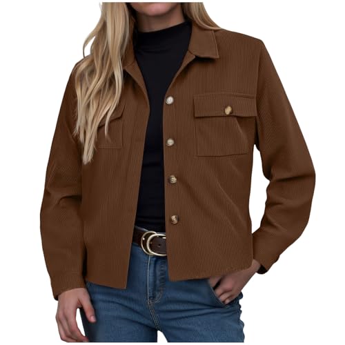 Cordjacke Damen Langarm Button Down Blouson Jacke mit Taschen HerbstWinter Casaul Jacket Kurze Cord Jacke (Brown, L) von Yubenhong