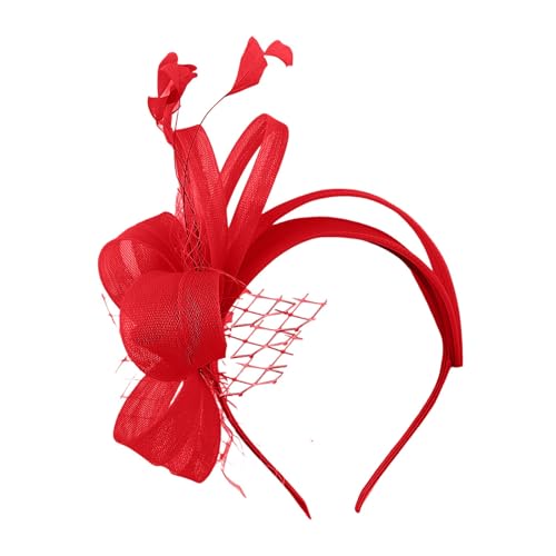 Fascinator mit Feder Haarreif Feder Kopfbedeckung Hochzeit Kopfbedeckung Feder Mesh Tea Party Stirnband Fascinator Hut Damen Haarschmuck Mesh Fascinator Hut Elegant Haarclip Karneval (Red, One Size) von Yubenhong