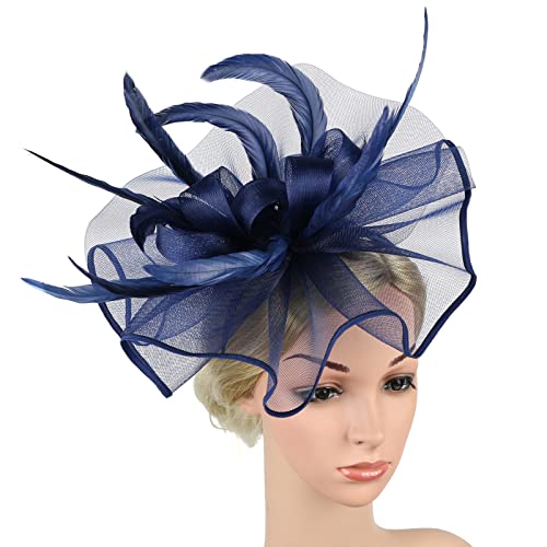 Hochzeit Fascinator Haarclip Hut Blumen Feder Kopfschmuck Hut Damen Feder Mesh Kopfbedeckungs Hut Vintage Teeparty Haarschmuck Abend Partys Mesh Hut Karneval Haarspangen Elegant (Navy, One Size) von Yubenhong