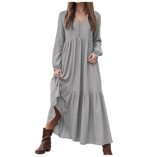 Leinenkleid Damen Langarm Baumwolle Kleid Bohemian LangarmKleid Freizeitkleid Boho Maxikleid Strandkleider Elegantes Einfarbig Locker Sommerkleid V-Ausschnitt Baumwoll Gelbes Kleid (Grey, XXXXXL) von Yubenhong