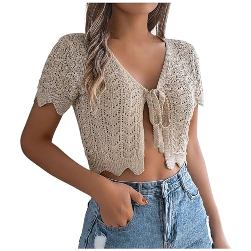 Yubenhong Elegant Bolerojacke Damen Cropped Häkel Strick Bolero Vorne Offnen Strickjacke Leichte Weiche lässige Kurz Sommerjacke Boho Cardigan Casual V Ausschnitt Kurzarm Herrenbekleidung (Khaki, S) von Yubenhong