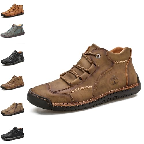 YuchiFa Herrenschuhe aus echtem Leder, wasserdicht, rutschfest, orthopädisch, leichte Slipper mit seitlichem Reißverschluss (A-Braun - Samt,46) von YuchiFa