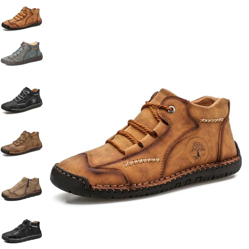 YuchiFa Herrenschuhe aus echtem Leder, wasserdicht, rutschfest, orthopädisch, leichte Slipper mit seitlichem Reißverschluss (A-Gelb,46) von YuchiFa