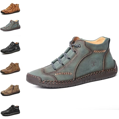 YuchiFa Herrenschuhe aus echtem Leder, wasserdicht, rutschfest, orthopädisch, leichte Slipper mit seitlichem Reißverschluss (A-Grün - Samt,44) von YuchiFa