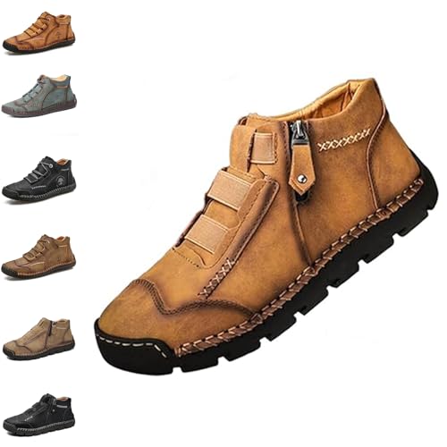 YuchiFa Herrenschuhe aus echtem Leder, wasserdicht, rutschfest, orthopädisch, leichte Slipper mit seitlichem Reißverschluss (B-Gelb,43) von YuchiFa