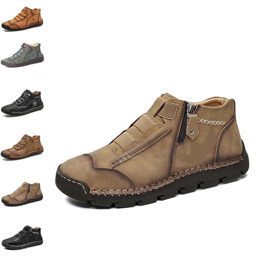 YuchiFa Herrenschuhe aus echtem Leder, wasserdicht, rutschfest, orthopädisch, leichte Slipper mit seitlichem Reißverschluss (B-Khaki,39) von YuchiFa