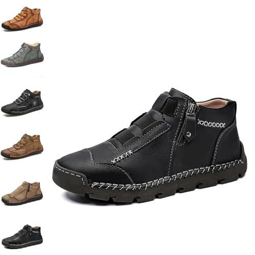 YuchiFa Herrenschuhe aus echtem Leder, wasserdicht, rutschfest, orthopädisch, leichte Slipper mit seitlichem Reißverschluss (B-Schwarz,39) von YuchiFa