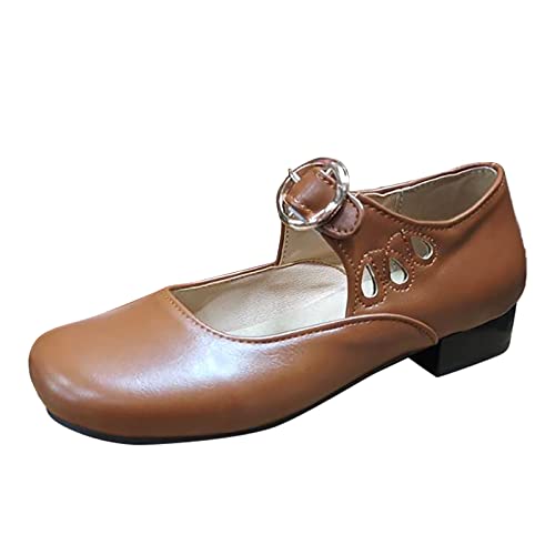 Ballerina Schwarz Ballerinas Damen Elegant Rutschfeste Quadratische Absätze Runde Zehe Atmungsaktiver Schnallenriemen Faule Stoffschuhe Flache Slipper Damen Flache Slipper für Damen (Brown, 42) von Yudiega