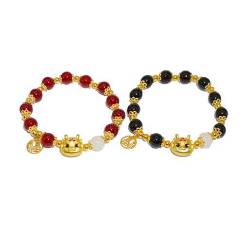 Yudisho 2 Stück Chinesischer Drache Feng Shui Armband Armband Schwarz Rot Armband für Damen Herren Elastisches Armband von Yudisho