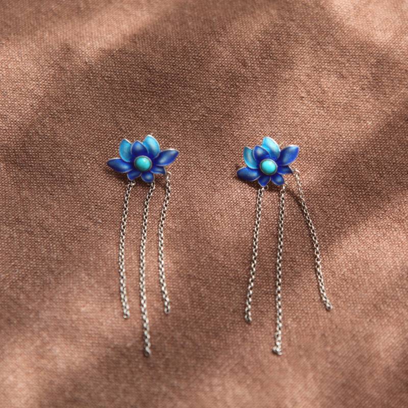 Lotus Quaste Ohrringe/Silber Emailliert Sterling 925 von YueJewellery