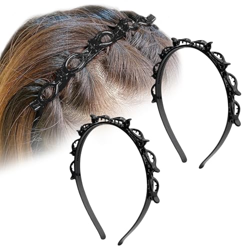 2 Stück Haarreif Mit Klammern,Haarreifen Damen,Double Bangs Hairstyle Kunststoff Braided Haarband Clip,Doppeldecke Haar Haarreif,Kinder Mädchen Stirnband Haarbänder Haarschmuck Fascinator Schwarz von YueJieSelected
