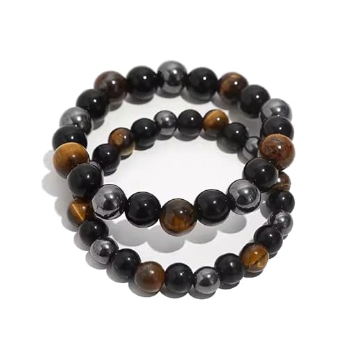 Tigerauge Armband,Herren Perlenarmband Dreifacher Schutz,10mm Schutzsteinarmband Herren,Tigerauge,Obsidian,Turmalin Steine,Tibetische Buddhistische Buddha Meditation Perlen/Armband/Halskette (2-Stück) von YueJieSelected