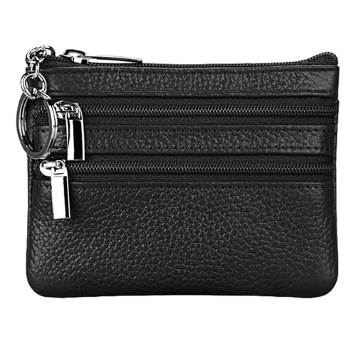 Echtem Leder Portemonnaie Damen,Kleines Portemonnaie mit Schlüsselring,Damen Geldbörse aus Lychee Echtem Leder,Portmonee damen Klein,Damenmünzgeldbörse mit 3 Reißverschlussfächern und 1 Außensteckfach von YueJieSelected