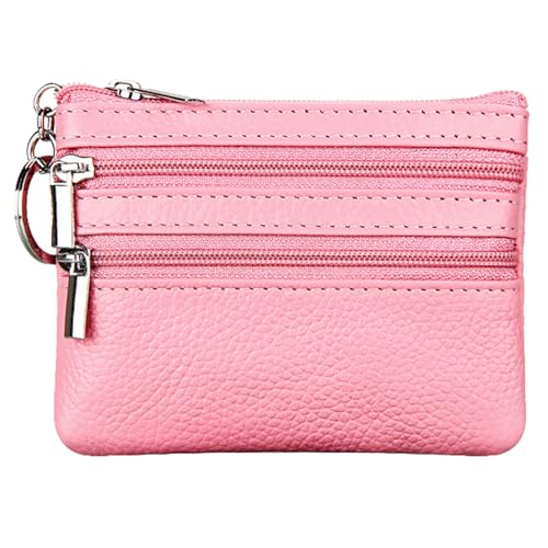 Echtem Leder Portemonnaie Damen,Kleines Portemonnaie mit Schlüsselring,Damen Geldbörse aus Lychee Echtem Leder,Portmonee damen Klein,Damenmünzgeldbörse mit 3 Reißverschlussfächern und 1 Außensteckfach von YueJieSelected