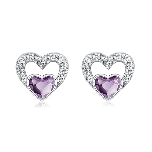 Herz Ohrringe für Damen 925 Sterling Silber Herz Ohrstecker Herz Ohrhänger 12 Geburtsstein Ohrringe für Frauen Österreichische Kristallohrringe Weihnachts Ohrringe (B-Herz Ohrstecker-Feb) von YueYuan