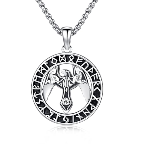 Rabe Halskette für Männer 925 Sterling Silber Wikinger Odin Krähen Anhänger Kette Viking Runes Halskette Wikinger Schmuck Geschenke für Geburtstag Jubiläum von YueYuan