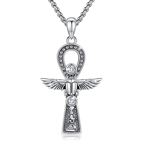 YueYuan Ankh Halskette Herren Damen 925 Sterling Silber Ägyptische Kreuz Ankh Anhänger Auge des Horus Halskette Schutz Amulett Schmuck Geschenk für Weihnachten von YueYuan