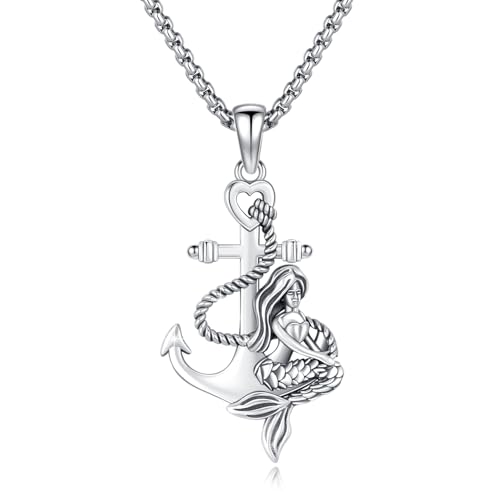 YueYuan Anker Halskette für Frauen aus 925 Sterling Silber Meerjungfrauen Anker Anhänger, Seemanns Halskette im Vintage Stil, Meerjungfrauen Schmuck Geschenke Geburtstag Weihnachten von YueYuan