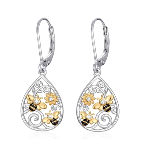 YueYuan Bienen Ohrringe für Frauen 925 Sterling Silber Bienen Blume Ohrhänger mit Hebelverschluss Memorial Tier Schmuck Geschenk Geburtstag Weihnachten von YueYuan