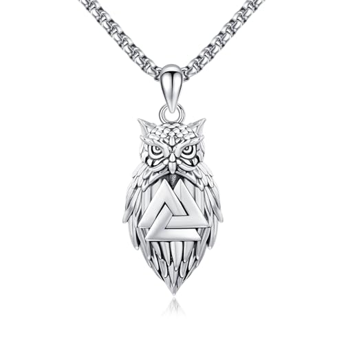 YueYuan Eulen Halskette für Männer 925 Sterling Silber Eulen Anhänger Wikinger Valknut Halskette Valknut Anhänger Eulen Schmuck Geschenke für Geburtstag Jubiläum von YueYuan