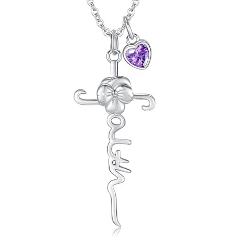 YueYuan Februar Geburt Blume Halskette 925 Sterling Silber Veilchen Kreuz Anhänger Glaube Kreuz Halskette mit Geburtsstein Christlicher Glaube Schmuck Geschenke für Frauen Geburtstag Valentinstag von YueYuan