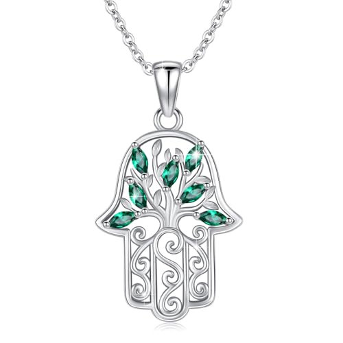 YueYuan Hamsa Hand Halskette 925 Sterling Silber Lebensbaum Anhänger Hand der Fatima Kette Fatimas Hand Schmuck Geschenke für Freundin Mama Geburtstag von YueYuan