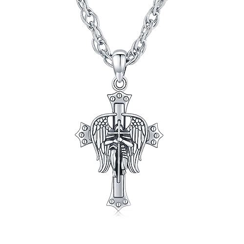 YueYuan Heilige Michael-Halskette für Damen und Herren, 925er Sterlingsilber katholisches Erzengel-Amulett St. Michael-Anhänger Kreuz Tempelritter-Halskette religiöser Schmuck Geschenke von YueYuan