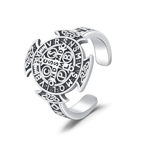 YueYuan Herren Ringe St. Benedikt Ringe 925 Sterling Silber Vintage Herren Ringe Kreuz Verstellbare Ringe Amulett Ringe für Männer Damen von YueYuan