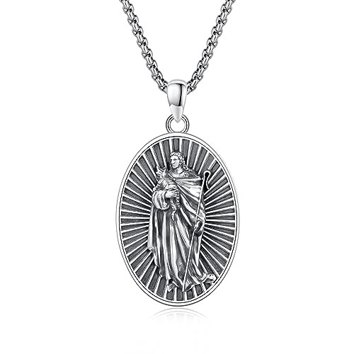 YueYuan Jesus und Lamm Halskette für Männer 925 Sterling Silber Jesus Anhänger Jesus Medaillon Lamm Gottes Halskette Amulett Religiöser Christus Schmuck Geschenk für Ggeburtstag von YueYuan