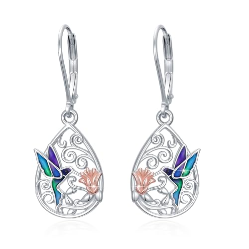 YueYuan Kolibri Ohrringe für Frauen 925 Sterling Silber Blau Lila Kolibri Ohrhänger Hebelverschluss Memorial Bird Flower Schmuck Geschenk Geburtstag Weihnachten von YueYuan